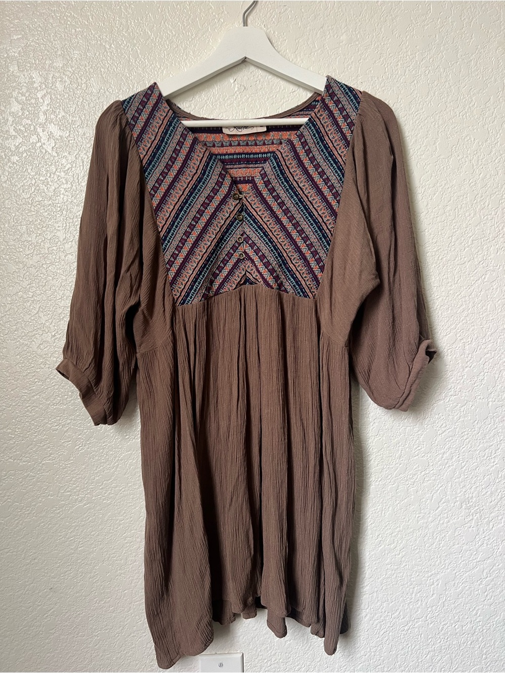 Ruche Vintage-Inspired Embroidered Tunic Mini Dress Brown M